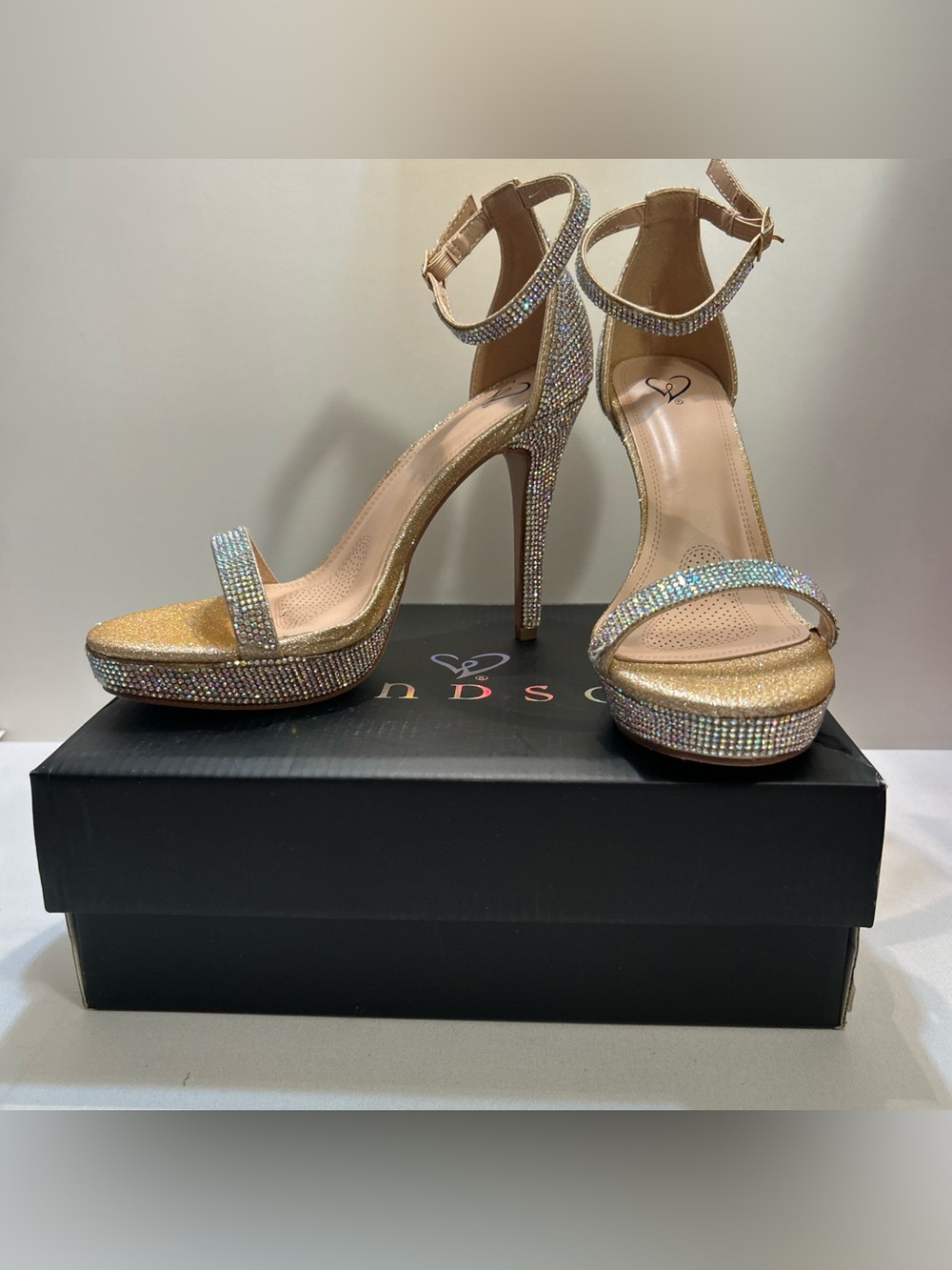 Windsor‎ Rhinestone Embellished Rose Gold High Heel Sandals with Ankle Strap 8